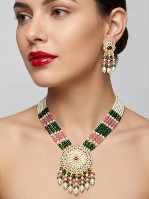 Kundan necklace set with mulitcolor beads & pearls | antique gold plated bollywood bridal wedding jewelry for women 3