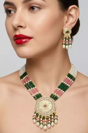 Kundan necklace set with mulitcolor beads & pearls | antique gold plated bollywood bridal wedding jewelry for women
