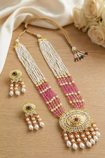 Kundan necklace set with mulitcolor beads & pearls | antique gold plated bollywood bridal wedding jewelry for women