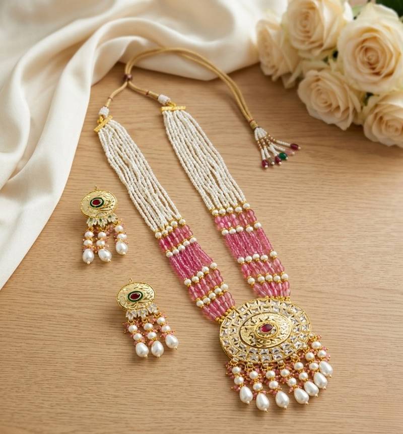 Kundan necklace set with mulitcolor beads & pearls | antique gold plated bollywood bridal wedding jewelry for women