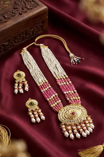 Kundan necklace set with mulitcolor beads & pearls | antique gold plated bollywood bridal wedding jewelry for women