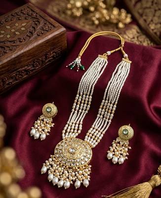 Kundan necklace set with white beads & pearls | antique gold plated bollywood bridal wedding jewelry for women 1