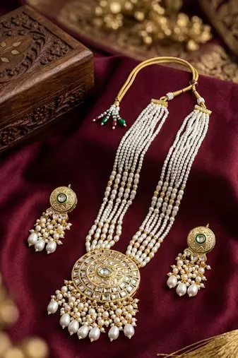 Kundan necklace set with white beads & pearls | antique gold plated bollywood bridal wedding jewelry for women