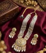 Kundan necklace set with white beads & pearls | antique gold plated bollywood bridal wedding jewelry for women
