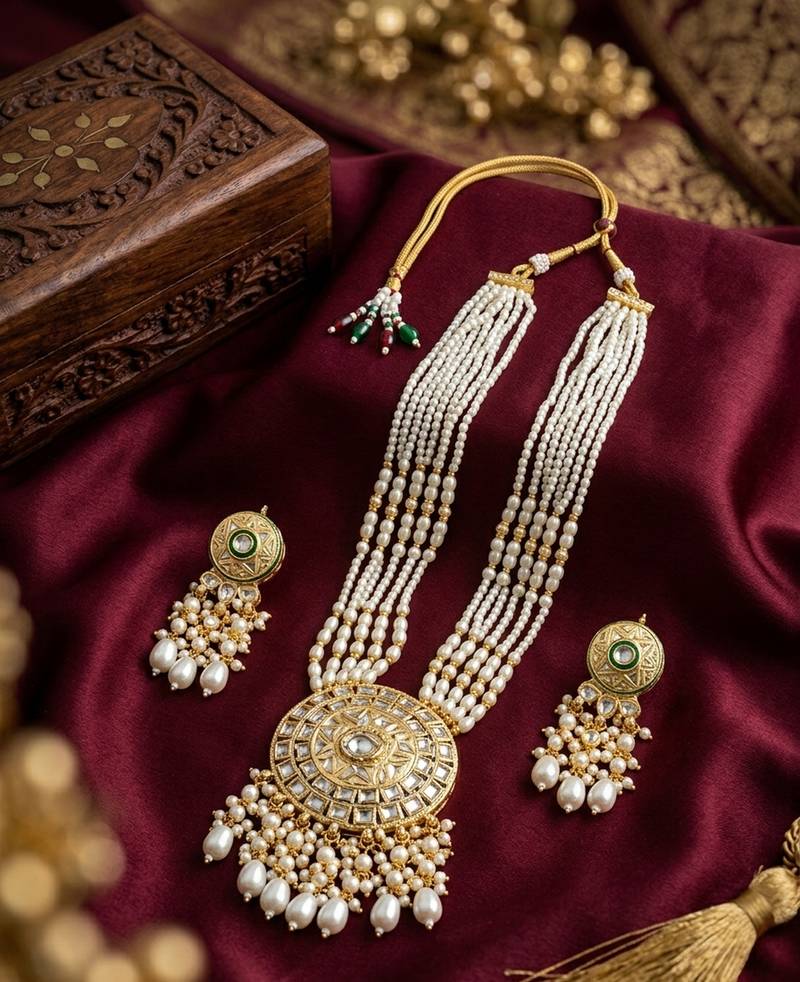 Kundan necklace set with white beads & pearls | antique gold plated bollywood bridal wedding jewelry for women