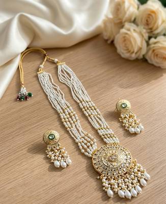 Kundan necklace set with white beads & pearls | antique gold plated bollywood bridal wedding jewelry for women 2