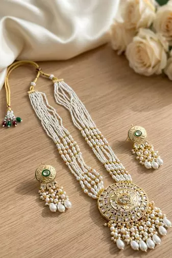 Kundan necklace set with white beads & pearls | antique gold plated bollywood bridal wedding jewelry for women