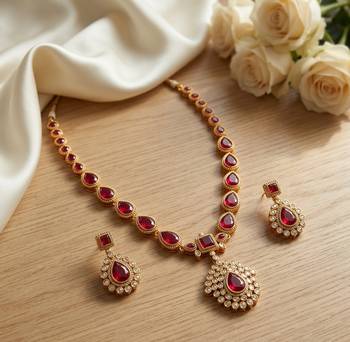 Gold plated ruby indian jewelry set  wedding necklace with earrings | bollywood bridal festival wear 1