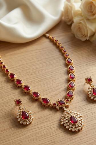 Gold plated ruby indian jewelry set  wedding necklace with earrings | bollywood bridal festival wear