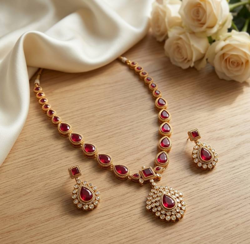 Gold plated ruby indian jewelry set  wedding necklace with earrings | bollywood bridal festival wear