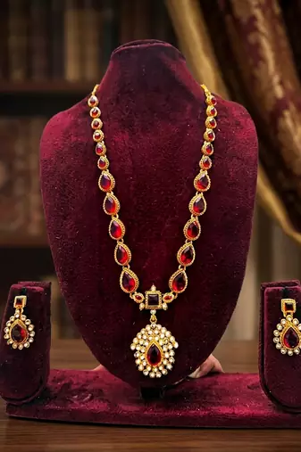 Gold plated ruby indian jewelry set  wedding necklace with earrings | bollywood bridal festival wear