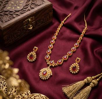 Gold plated ruby indian jewelry set  wedding necklace with earrings | bollywood bridal festival wear 3