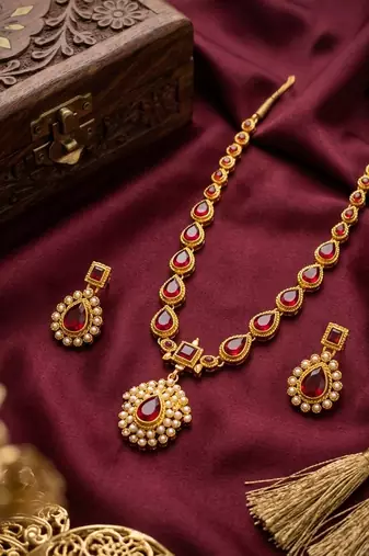 Gold plated ruby indian jewelry set  wedding necklace with earrings | bollywood bridal festival wear
