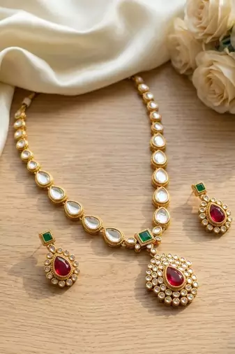 Gold plated ruby green indian jewelry set  wedding necklace with earrings | bollywood bridal festival wear