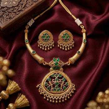 Antique gold plated matte indian necklace set with green stones | traditional bollywood wedding jewelry with earrings 1