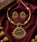 Antique gold plated matte indian necklace set with green stones | traditional bollywood wedding jewelry with earrings