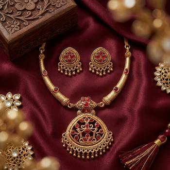 Antique gold plated matte indian necklace set with red stones | traditional bollywood wedding jewelry with earrings 1