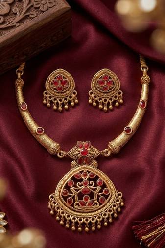 Antique gold plated matte indian necklace set with red stones | traditional bollywood wedding jewelry with earrings