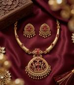 Antique gold plated matte indian necklace set with red stones | traditional bollywood wedding jewelry with earrings