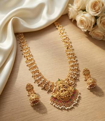 Gold plated south indian temple jewelry set long lakshmi necklace with pearl jhumka earrings bridal wedding 1