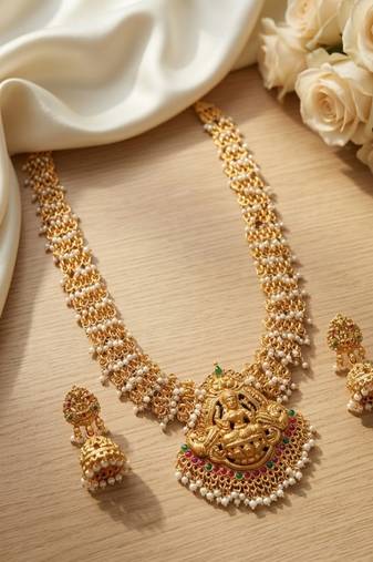 Gold plated south indian temple jewelry set long lakshmi necklace with pearl jhumka earrings bridal wedding