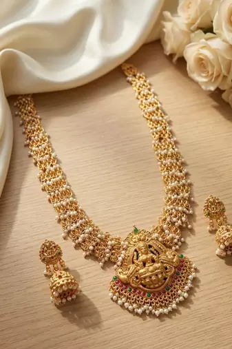 Gold plated south indian temple jewelry set long lakshmi necklace with pearl jhumka earrings bridal wedding