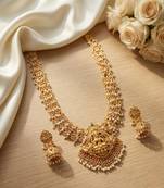 Gold plated south indian temple jewelry set long lakshmi necklace with pearl jhumka earrings bridal wedding