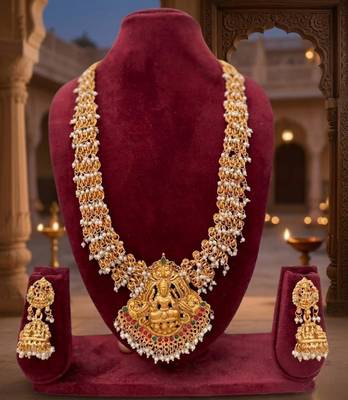 Gold plated south indian temple jewelry set long lakshmi necklace with pearl jhumka earrings bridal wedding 2