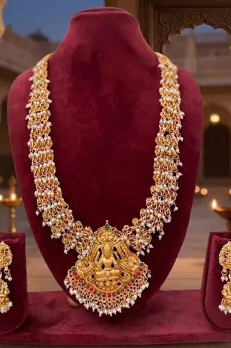 Gold plated south indian temple jewelry set long lakshmi necklace with pearl jhumka earrings bridal wedding
