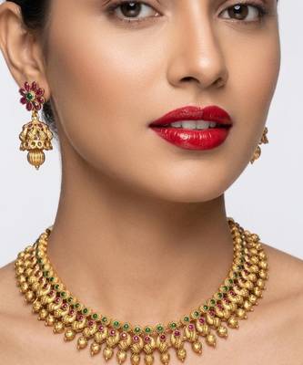Antique gold plated south indian temple jewelry set choker necklace jhumka earrings wedding festival 1