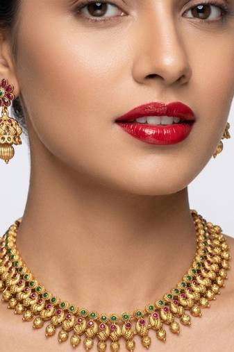 Antique gold plated south indian temple jewelry set choker necklace jhumka earrings wedding festival