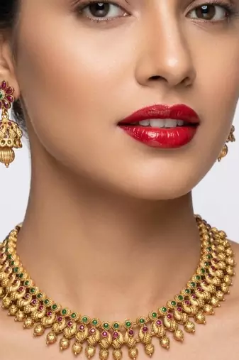 Antique gold plated south indian temple jewelry set choker necklace jhumka earrings wedding festival