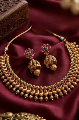 Antique gold plated south indian temple jewelry set choker necklace jhumka earrings wedding festival