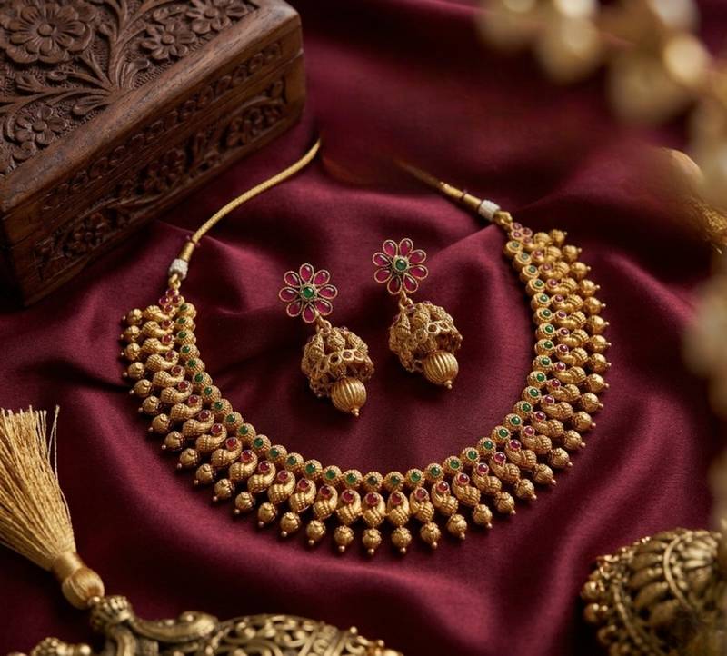 Antique gold plated south indian temple jewelry set choker necklace jhumka earrings wedding festival