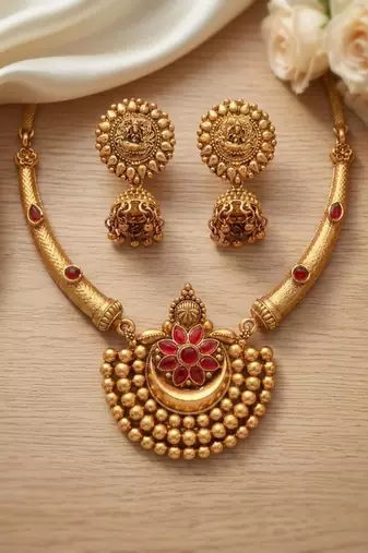 Antique gold plated temple jewelry set - traditional indian necklace with jhumka earrings for bridal wedding & festival