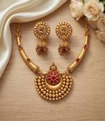 Antique gold plated temple jewelry set - traditional indian necklace with jhumka earrings for bridal wedding & festival
