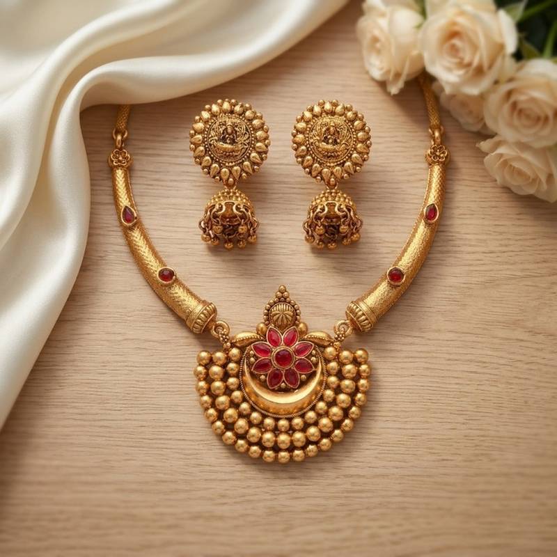 Antique gold plated temple jewelry set - traditional indian necklace with jhumka earrings for bridal wedding & festival