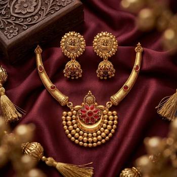 Antique gold plated temple jewelry set - traditional indian necklace with jhumka earrings for bridal wedding & festival 2