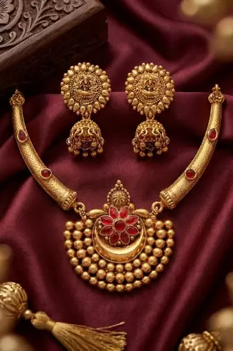 Antique gold plated temple jewelry set - traditional indian necklace with jhumka earrings for bridal wedding & festival