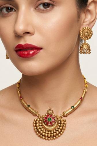 Antique gold plated temple jewelry set - traditional indian necklace with jhumka earrings for bridal wedding & festival