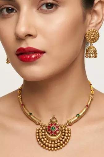 Antique gold plated temple jewelry set - traditional indian necklace with jhumka earrings for bridal wedding & festival