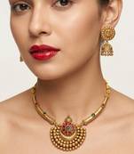 Antique gold plated temple jewelry set - traditional indian necklace with jhumka earrings for bridal wedding & festival