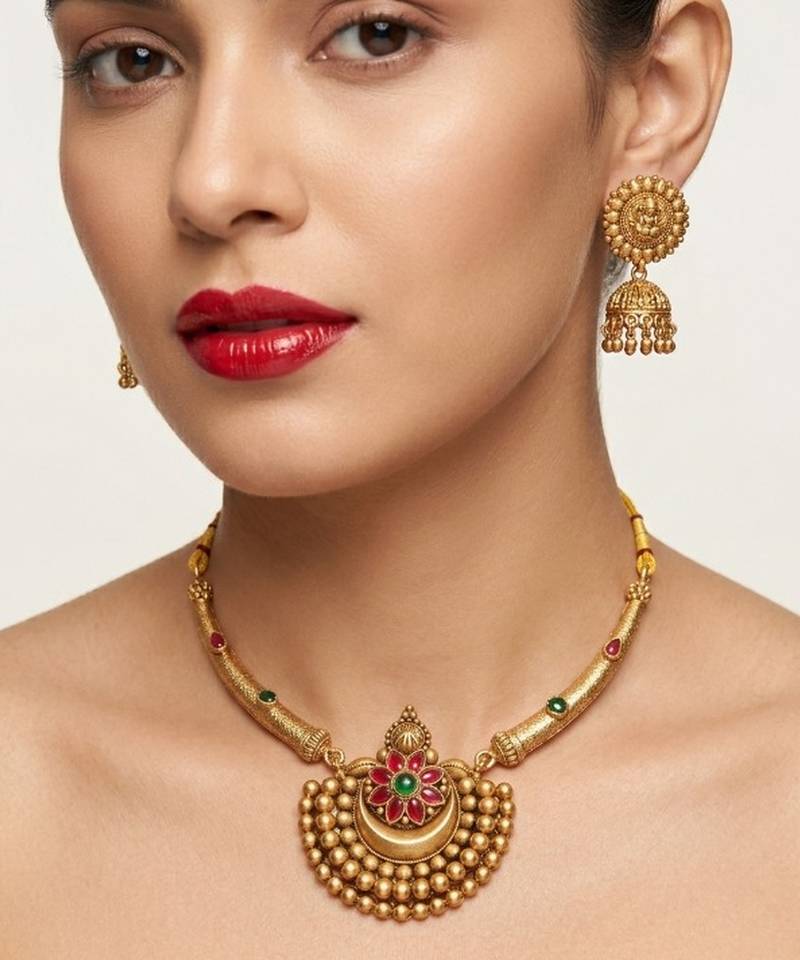 Antique gold plated temple jewelry set - traditional indian necklace with jhumka earrings for bridal wedding & festival