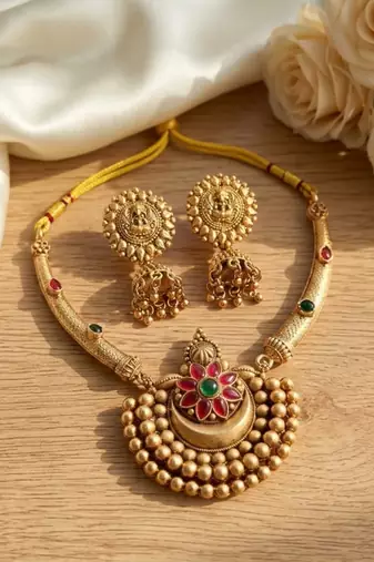 Antique gold plated temple jewelry set - traditional indian necklace with jhumka earrings for bridal wedding & festival