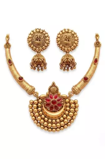 Antique gold plated temple jewelry set - traditional indian necklace with jhumka earrings for bridal wedding & festival