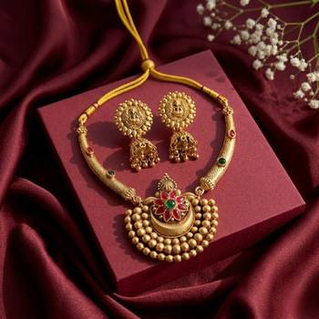 Antique gold plated temple jewelry set - traditional indian necklace with jhumka earrings for bridal wedding & festival 1