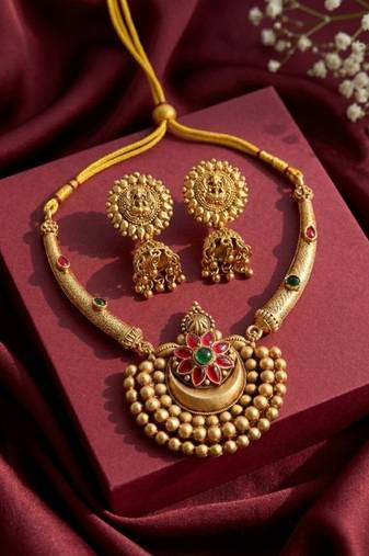Antique gold plated temple jewelry set - traditional indian necklace with jhumka earrings for bridal wedding & festival