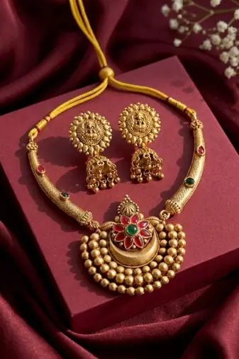 Antique gold plated temple jewelry set - traditional indian necklace with jhumka earrings for bridal wedding & festival