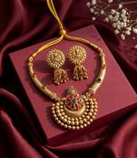 Antique gold plated temple jewelry set - traditional indian necklace with jhumka earrings for bridal wedding & festival