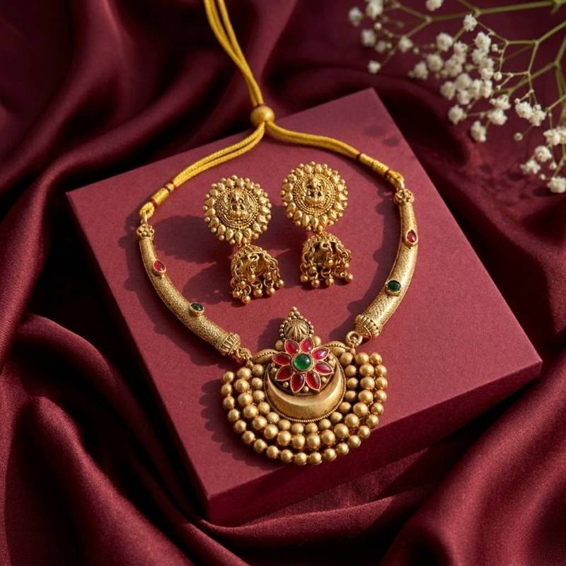 Antique gold plated temple jewelry set - traditional indian necklace with jhumka earrings for bridal wedding & festival